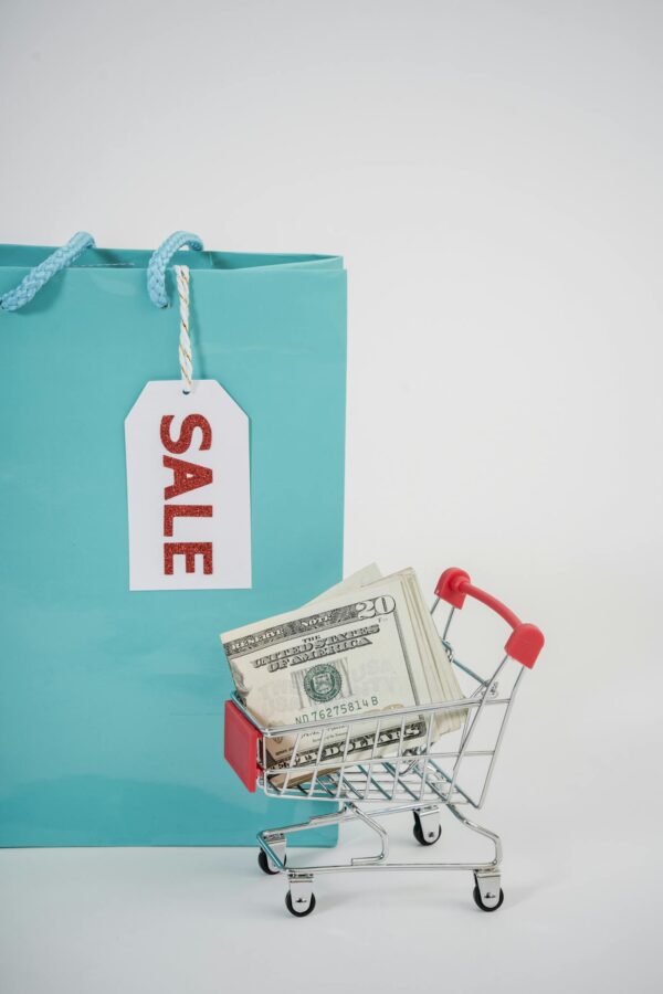 Miniature shopping cart with cash next to a sale-tagged bag, illustrating shopping and savings.