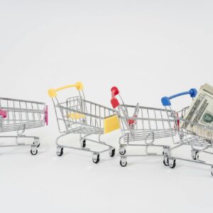 Miniature shopping carts in bright colors with dollar bills imply financial shopping themes.