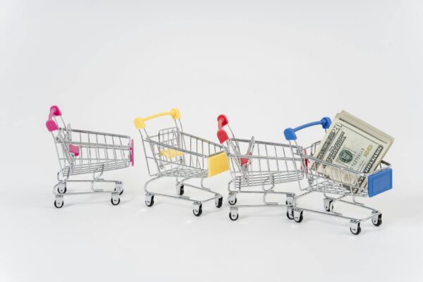 Miniature shopping carts in bright colors with dollar bills imply financial shopping themes.